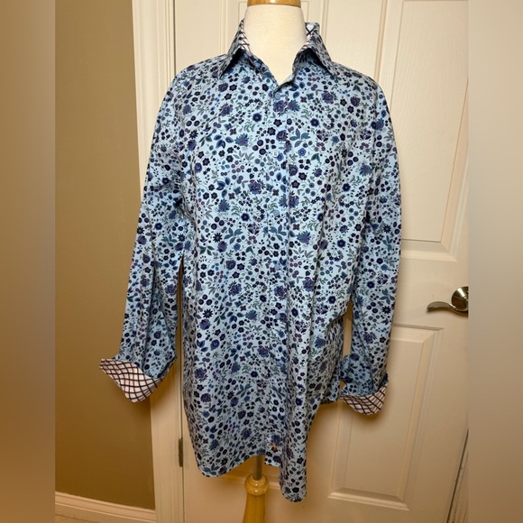 Thomas Dean Floral Blue Men's Shirt w reverse cuffs-Size XL - Picture 1 of 8
